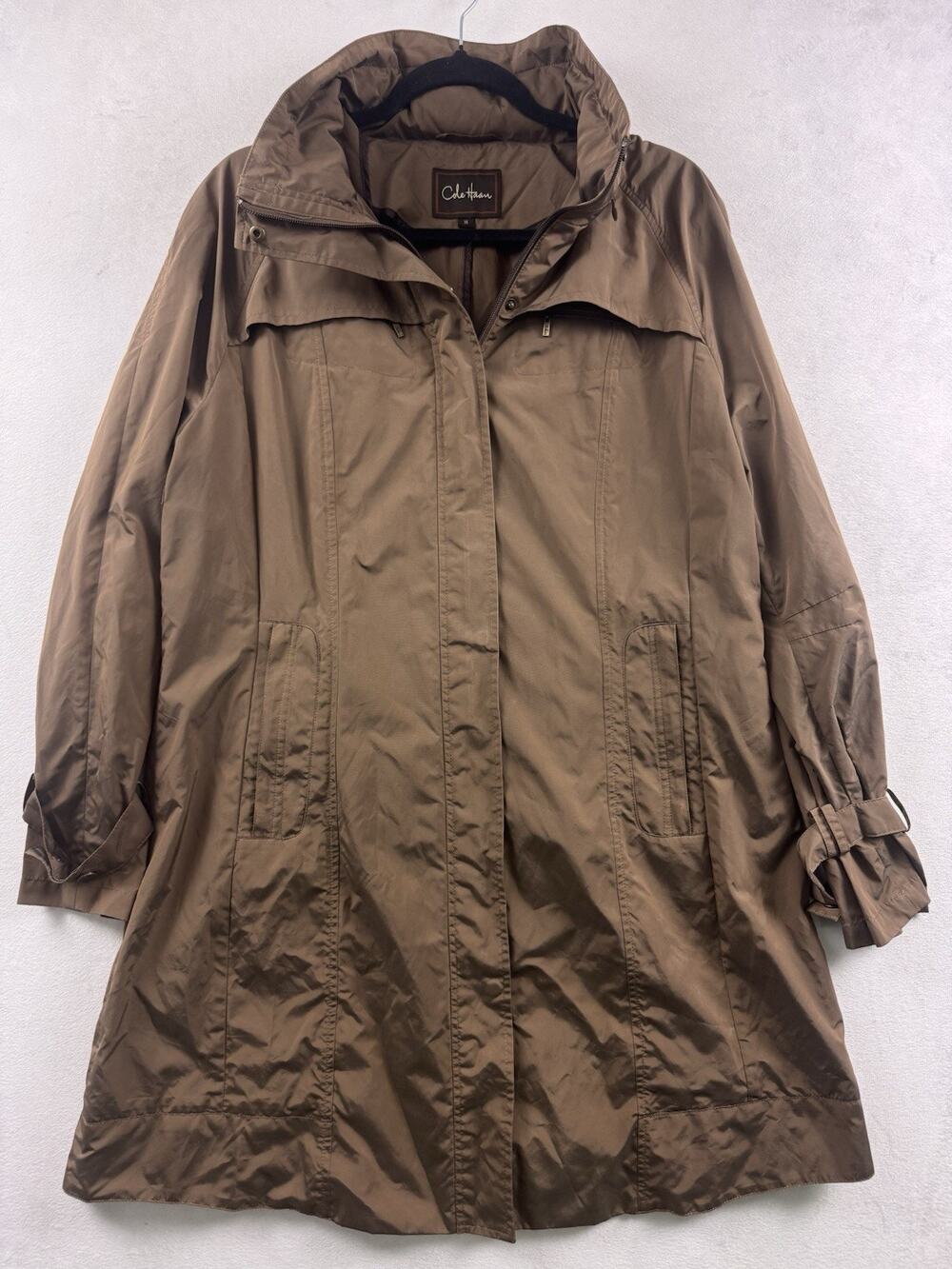 Cole Haan Women’s Taupe Hooded Raincoat Lightweight Mock Neck Jacket XL
